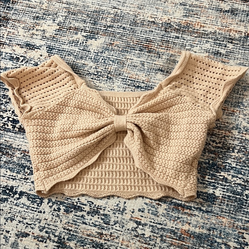 SHEIN Tan Knit Bow Crop Top